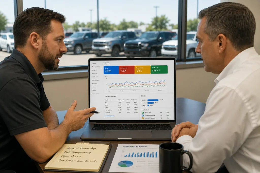 Dealership manager reviewing Google Ads account ownership and campaign performance