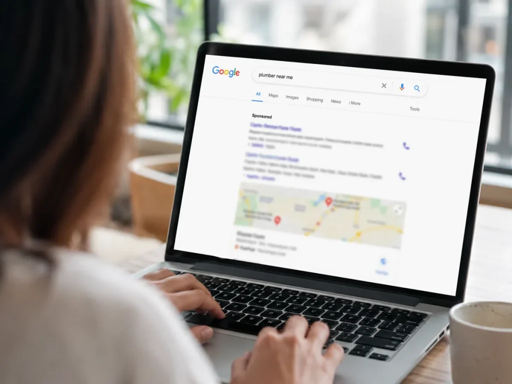 Person searching on Google on a laptop with sponsored local results visible