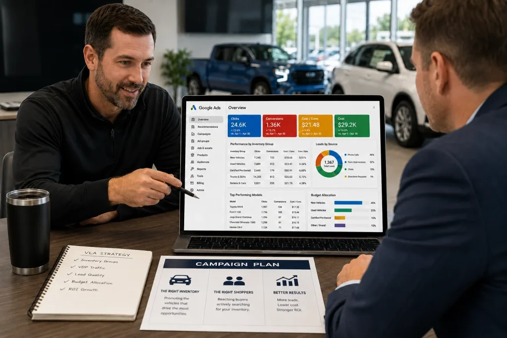 Google Vehicle Ads agency reviewing campaign strategy with a car dealer
