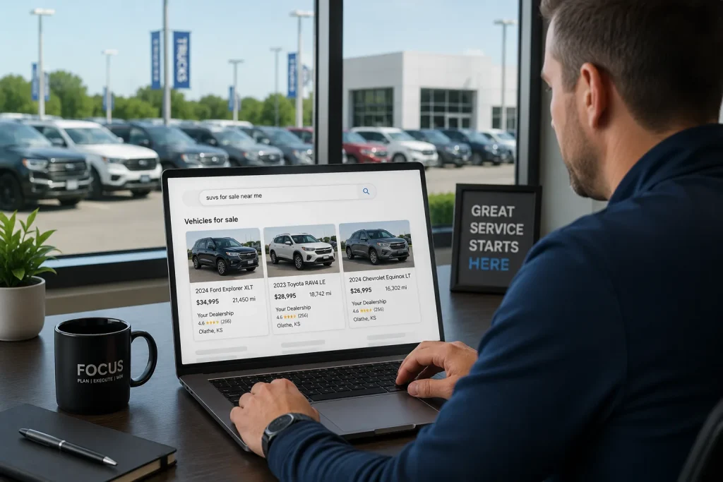 Dealership manager reviewing Google Vehicle Ads for live inventory on a laptop