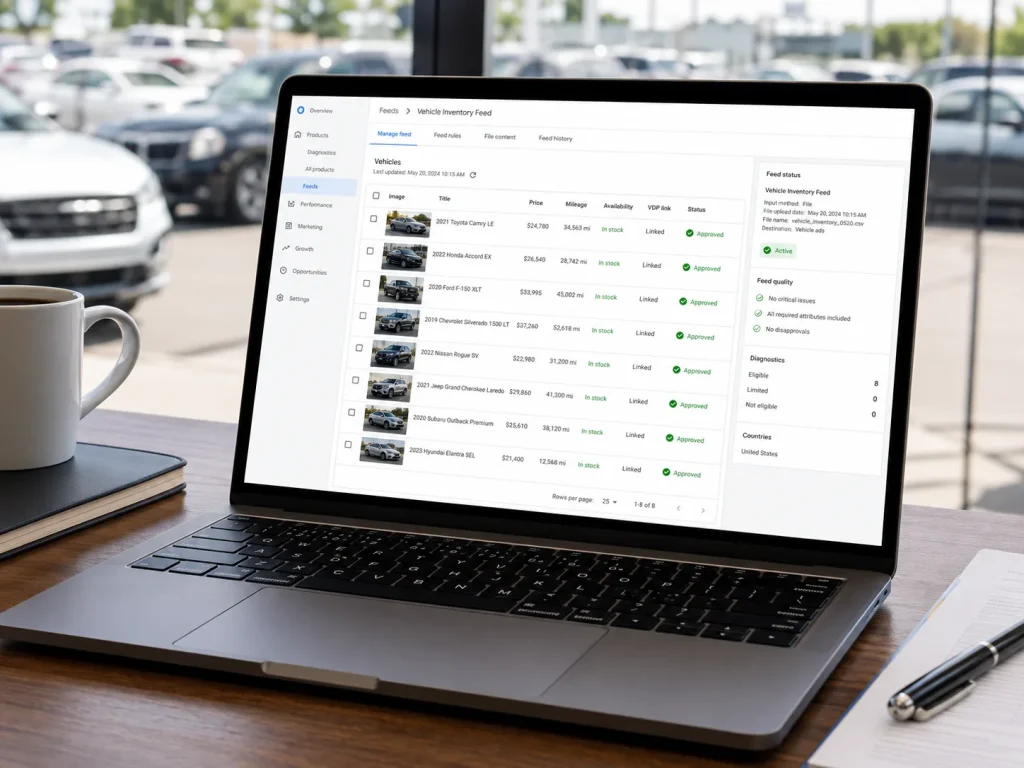 Laptop showing a vehicle inventory feed dashboard for Google Vehicle Ads