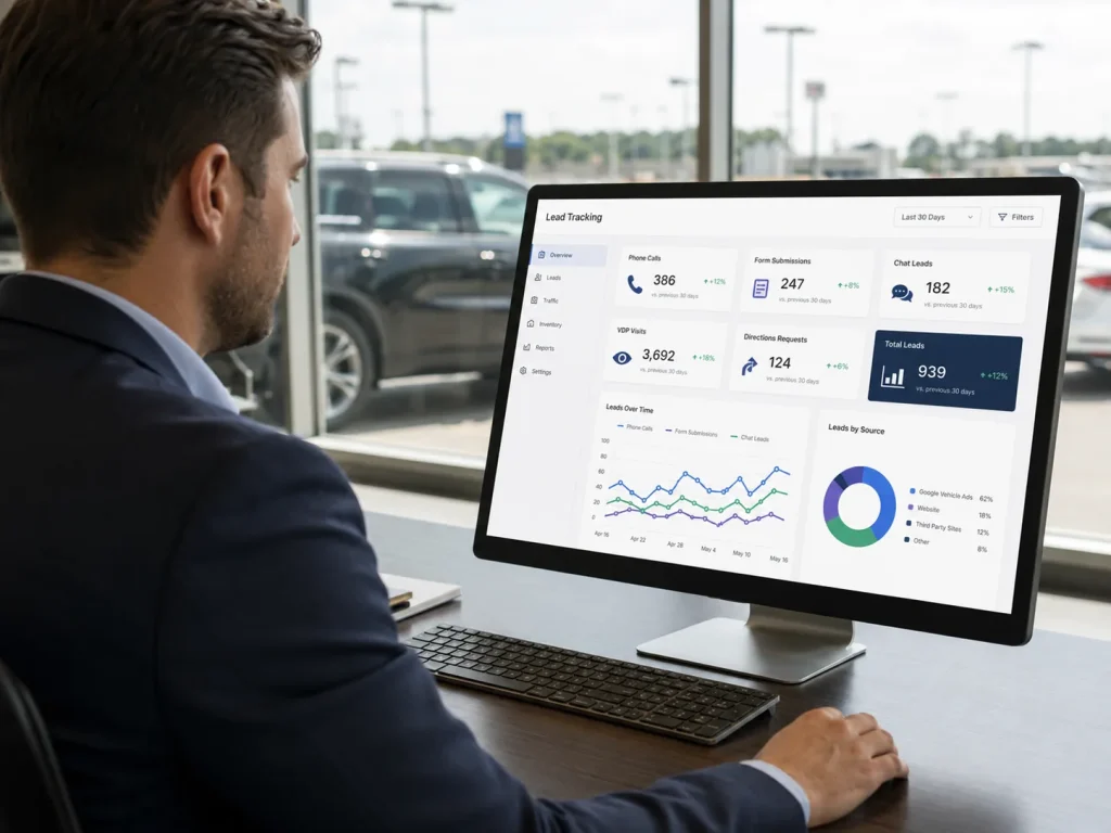 Dealership manager reviewing Google Vehicle Ads lead tracking dashboard