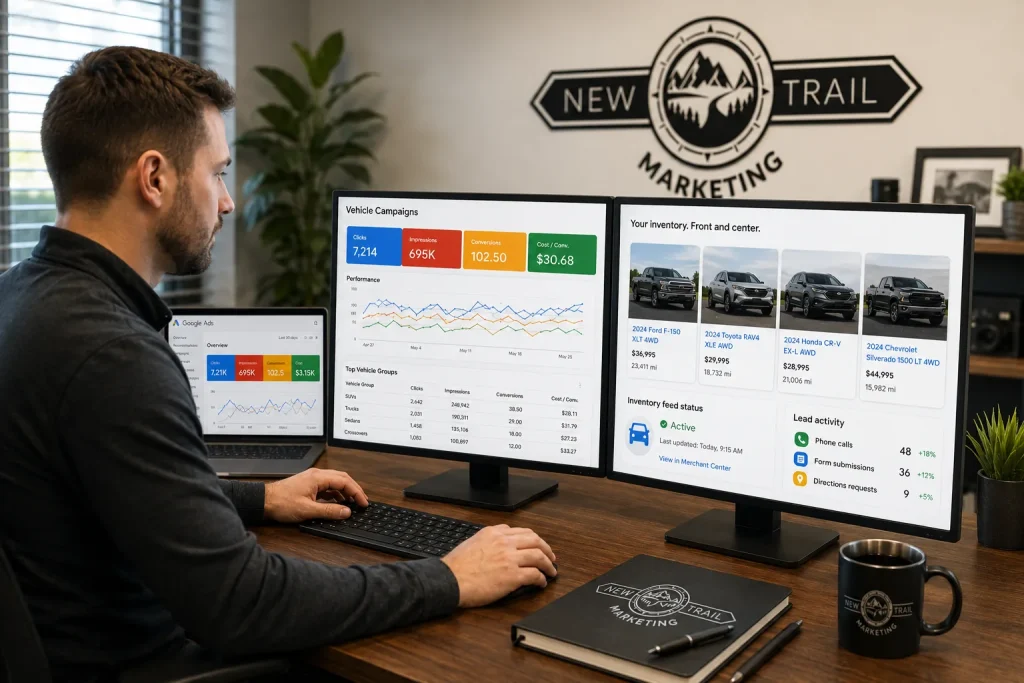 New Trail Marketing strategist reviewing Google Vehicle Ads campaign performance for a car dealership