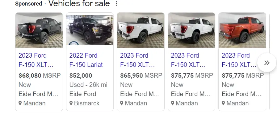 example of a google vehicle listing ad for a ford dealership