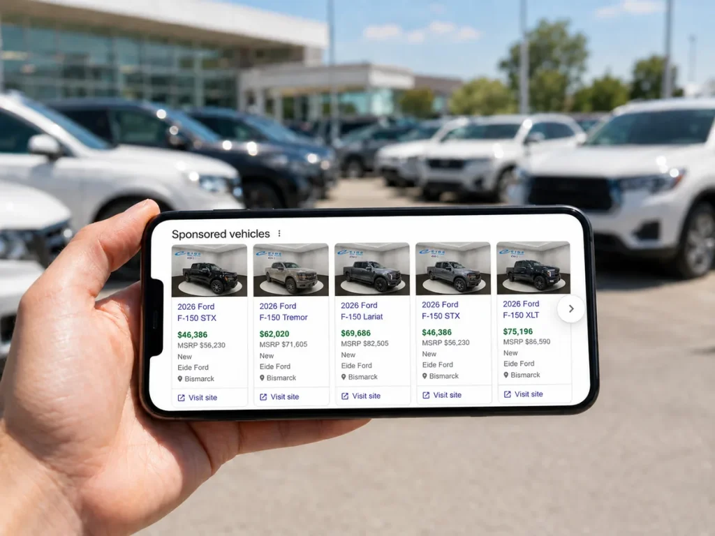 Smartphone showing Google Vehicle Listing Ads in front of a car dealership lot