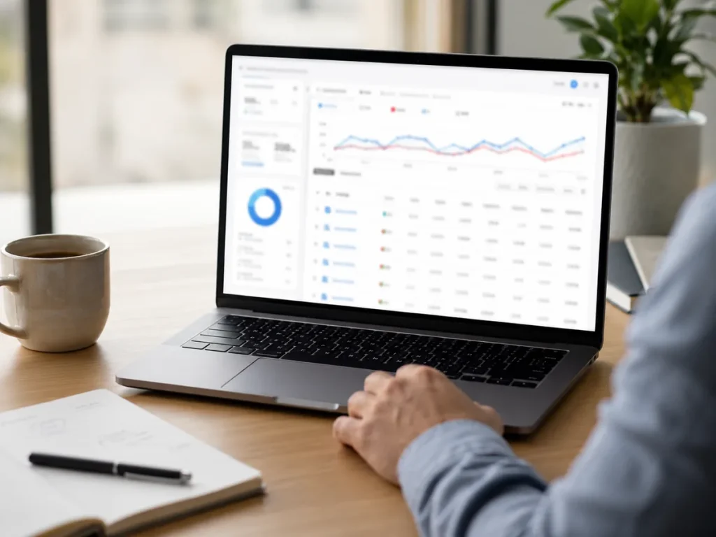 PPC campaign dashboard review on a laptop with blurred advertising data