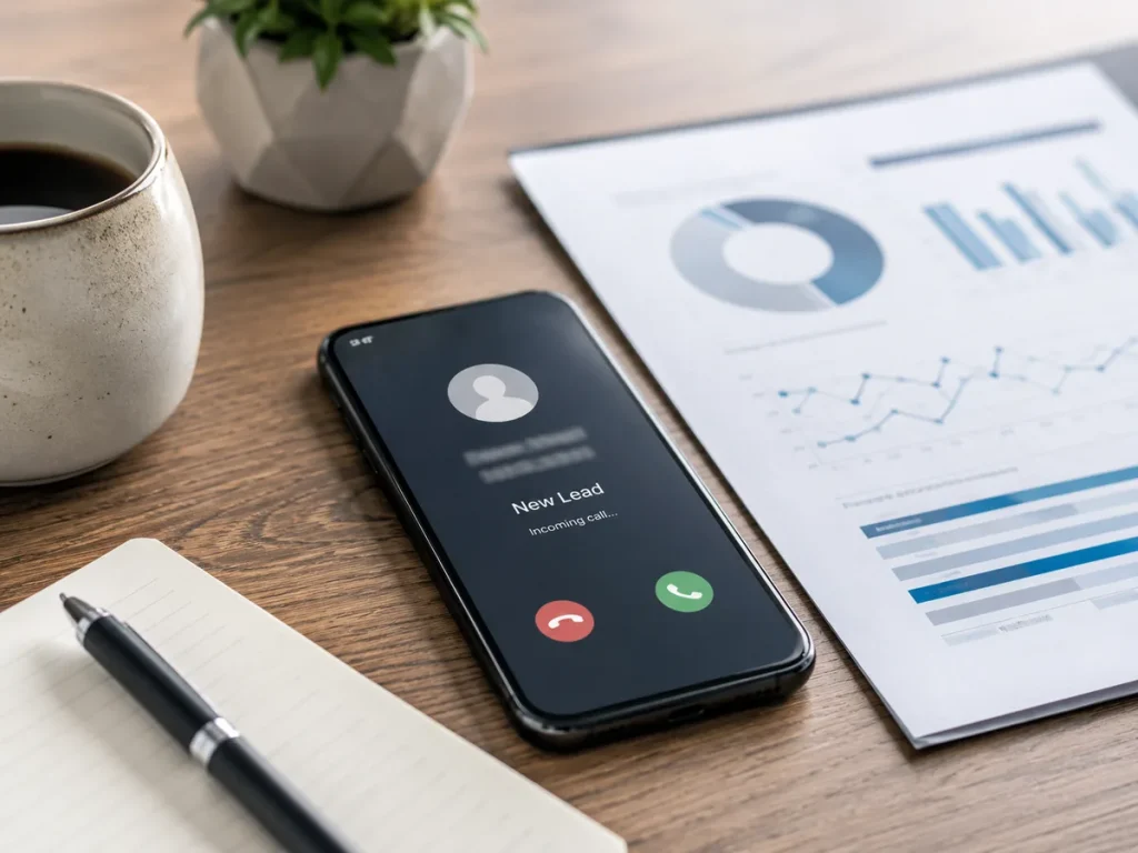 Phone showing a new lead call next to PPC performance reports