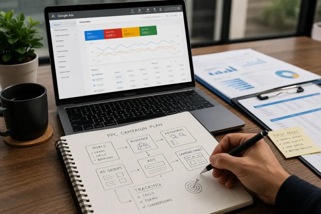 PPC campaign planning workspace with Google Ads dashboard and strategy notes