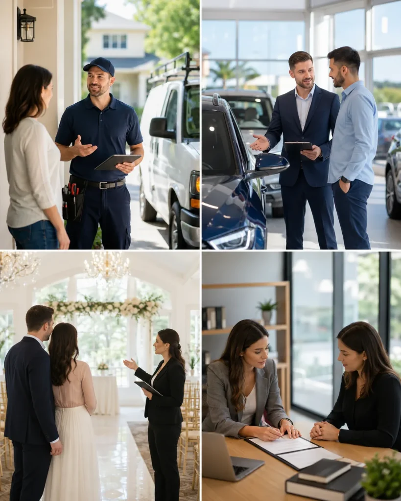 Collage showing local service, auto dealership, wedding venue, and professional service businesses