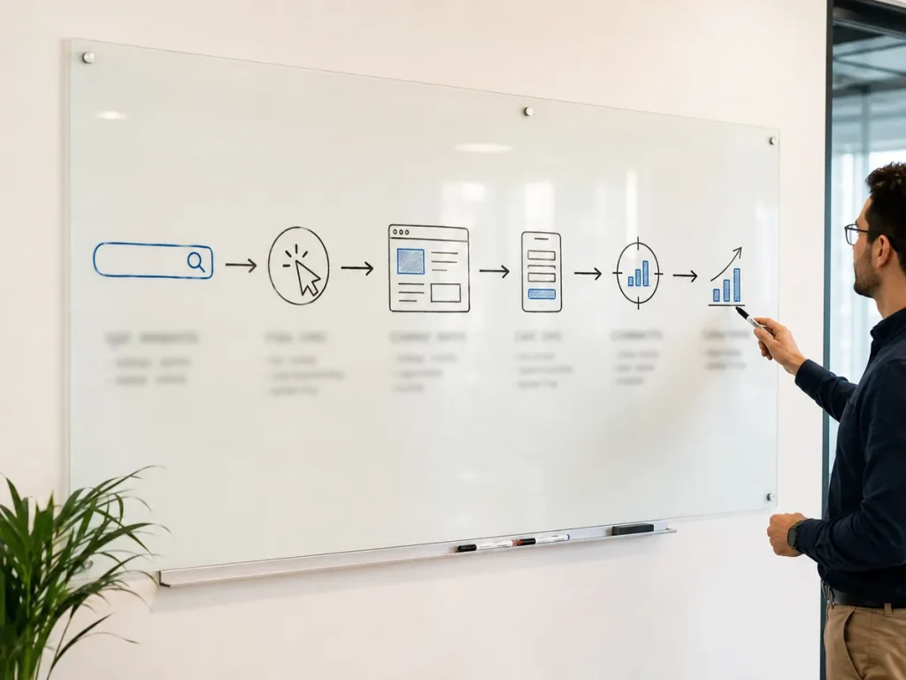 PPC workflow drawn on a whiteboard showing search, clicks, leads, tracking, and growth