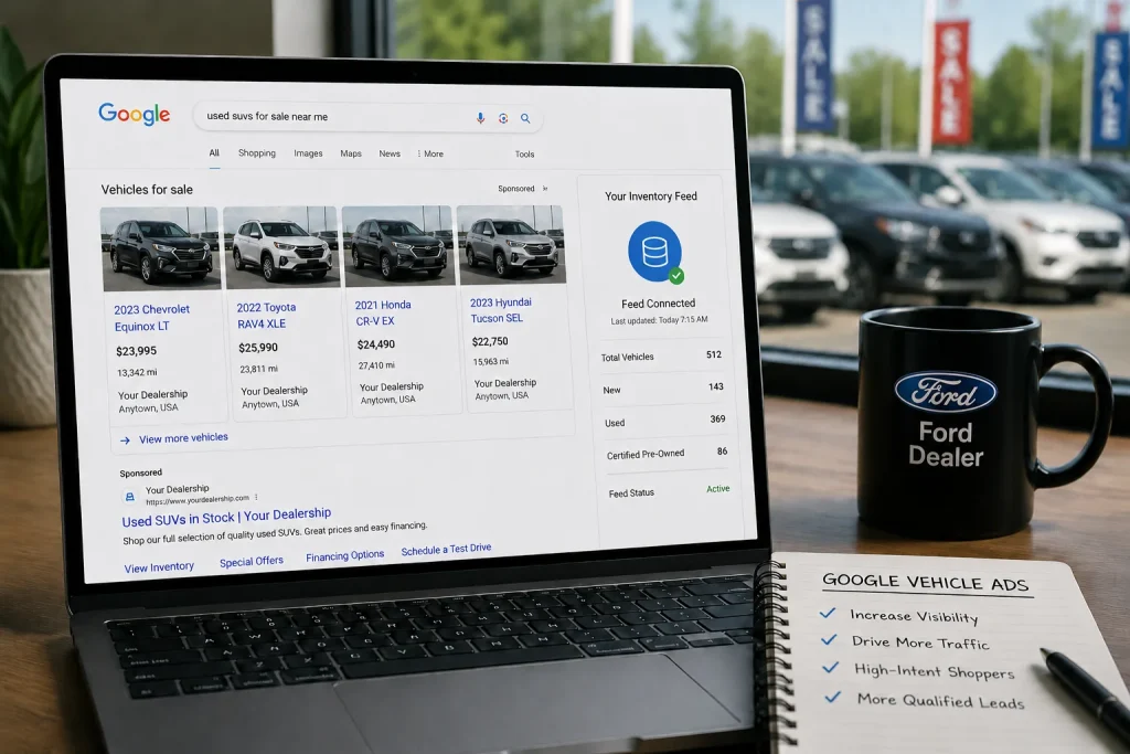 Ford dealer reviewing Google Vehicle Ads and inventory feed on a laptop