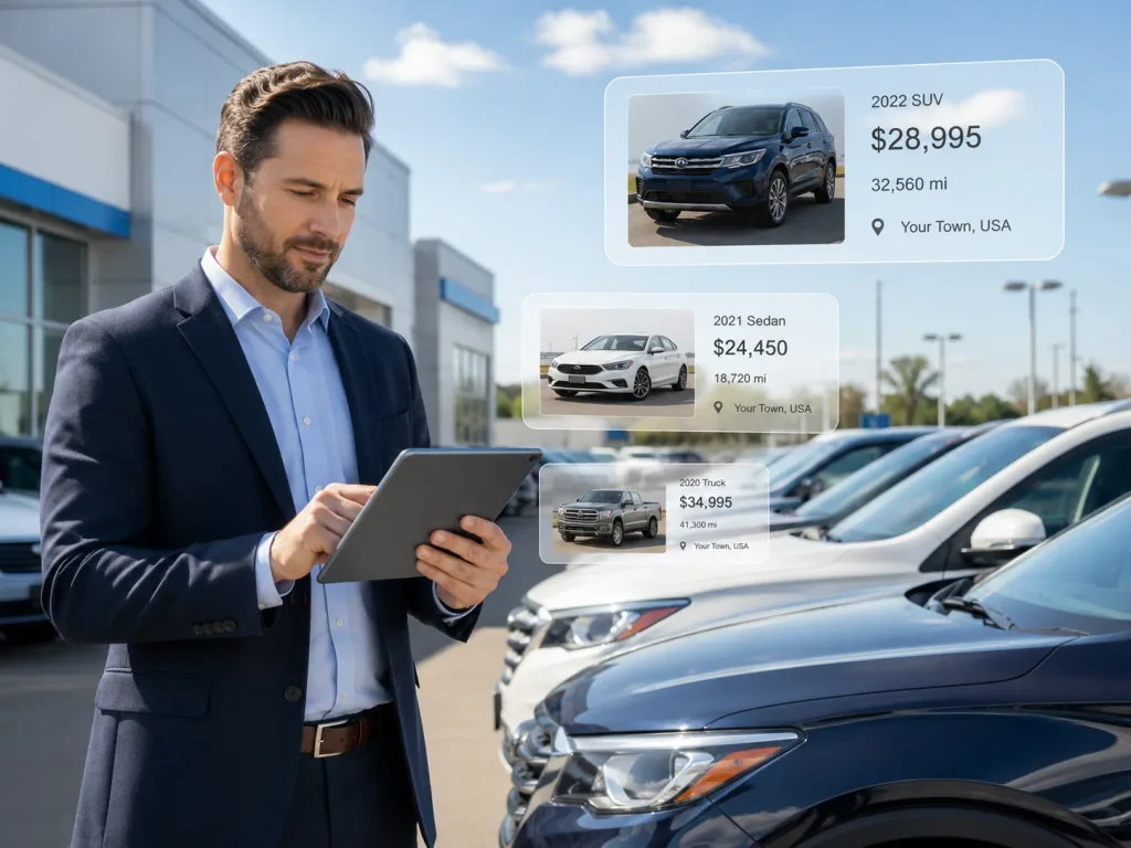 Dealership manager reviewing vehicle ad listings on a tablet near rows of cars