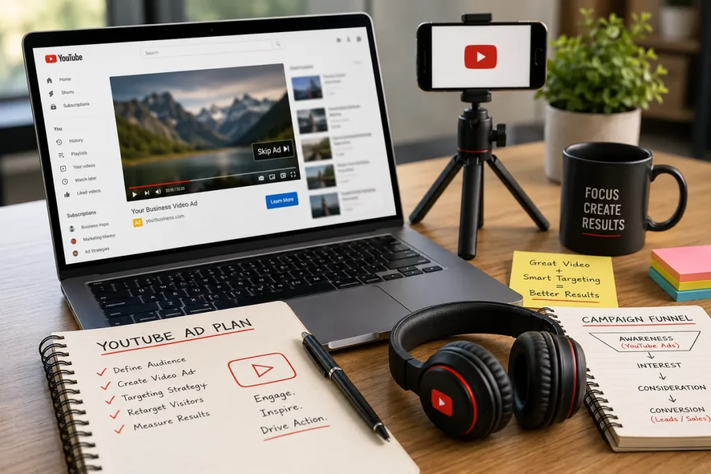 YouTube Ads planning workspace with video ad preview and campaign notes